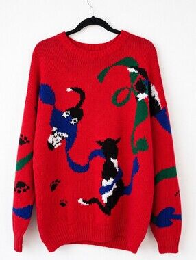 Vintage Couture Lady Cat Sweater 3X Novelty Knit Grandma Core Cottagecore